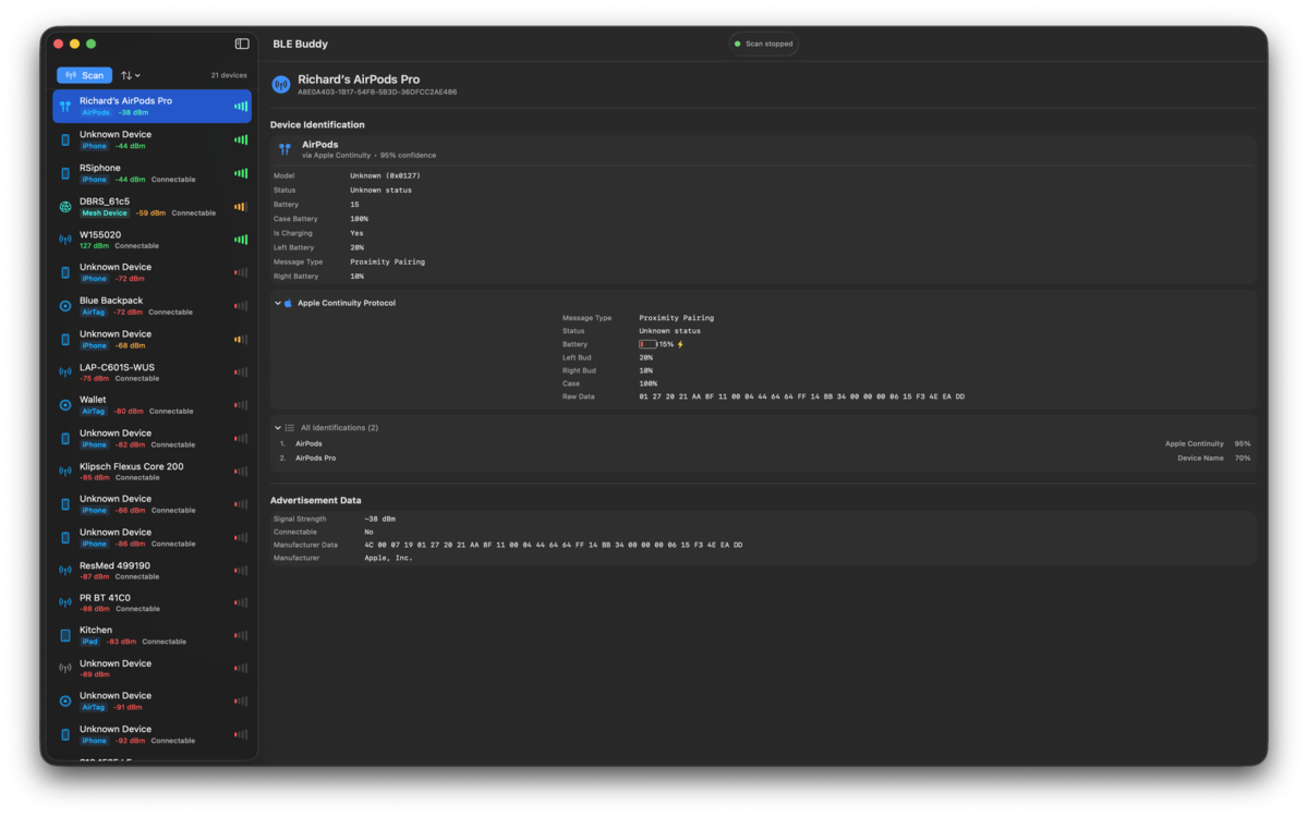 BLE Buddy app interface showing nearby Bluetooth devices