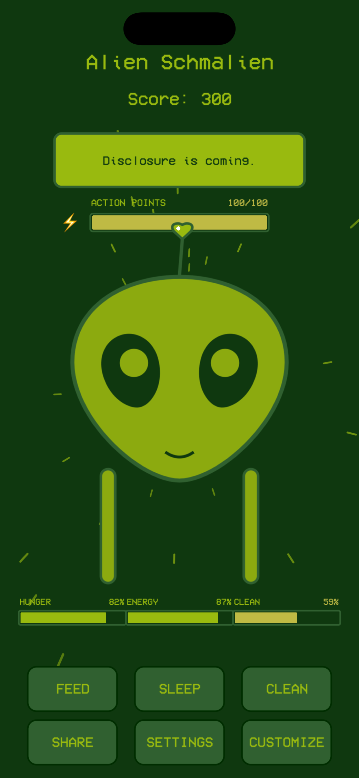 Alien Schmalien app screenshot showing the virtual pet interface